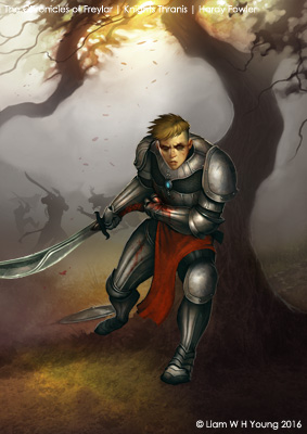 Knights Thranis book cover initial background render with character render by Hardy Fowler